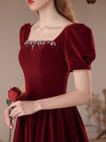 Solvbao Wine Red Short Sleeves Velvet Long Party Dress, A-line Wine Red Formal Dress