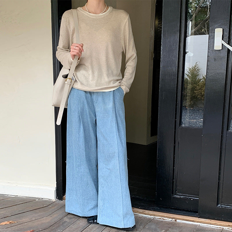 Regular contrasting color knitted sweater women's spring wool crew neck long-sleeved Korean top design sense fake two T-shirts