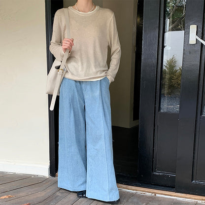 Regular contrasting color knitted sweater women's spring wool crew neck long-sleeved Korean top design sense fake two T-shirts