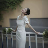 SOLVBAO White  Style Square Collar Short Sleeve Slim Stretch Long License Engagement Wedding Dress Dress