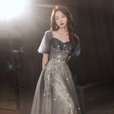 solvbao Elegant A-line  Grey Tulle Short Sleeves Long Party Dress, Grey Evening Dress