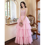 SOLVBAO Pink Sequined Suspender Evening Dress  Spring New Niche Annual Meeting Host Princess Cake Dress Long Dress