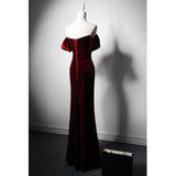 Solvbao Wine Red Velvet Mermaid Off Shoulder Bridesmaid Dress, Wine Red Long Prom Dress