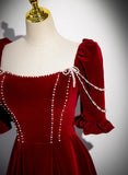 Solvbao Wine Red Velvet Beaded Short Sleeves Prom Dress, Wine Red Evening Dress