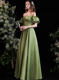 Solvbao Green Satin Short Sleeves Scoop Neckline Prom Dress, Green Long Formal Dress