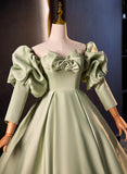 Solvbao Green Satin Off Shoulder Unique Long Party Dress, Green Satin Prom Dress