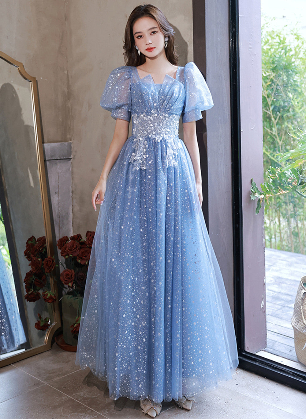 Solvbao Light Blue Tulle A-line Floor Length Formal Dress, Light Blue Evening Dress Party Dress