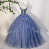 Solvbao Charming Beaded Tulle Ball Gown Sweet 16 Gown, Blue Long Formal Dresses