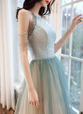 Solvbao Shiny Light Green Tulle Long Halter Neckline Party Dress, A-line Gradient Prom Dress