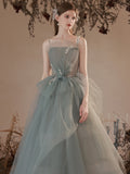 solvbao Light Green Tulle with Lace Long Junior Prom Dress, Green Formal Dresses