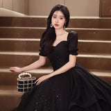 SOLVBAO Black Evening Dress Short Sleeve Banquet Temperament  New Elegant Host Student Adult Ceremony Dress Female Summer