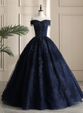 solvbao Navy Blue Sweetheart with Lace Applique Sweet 16 Dress, Blue Long Formal Dress