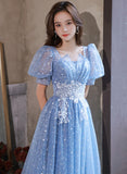 Solvbao Light Blue Tulle A-line Floor Length Formal Dress, Light Blue Evening Dress Party Dress