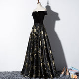 Solvbao Black Off Shoulder Velvet and Floral Long Party Dress, Prom Dress