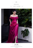 SOLVBAO Rose Red Toast Dress Bride Wedding Dragon Fruit Color Morning Gowns off-Shoulder Welcome Dress Ladies Banquet Evening Dress