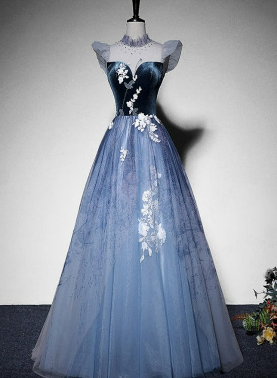 Solvbao Blue Short Sleeves Tulle with Lace Long Party Dress, Blue Formal Gowns