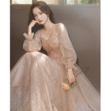 SOLVBAO Champagne Evening Dress for Women  New Art Exam Host  Style Long Sleeve Banquet Evening Dress