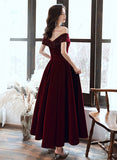 Solvbao Burgundy Velvet Off Shoulder Long Wedding Party Dress, Burgundy Prom Dress