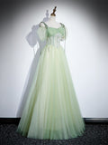 Solvbao Light Green Tulle Off Shoulder Straps Party Dress, A-line Green Prom Dress