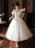 solvbao White Beaded Off Shoulder Tulle Wedding Party Dress, White Formal Dress Evening Dress