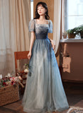 Solvbao Blue Short Sleeves Gradient Tulle Long Party Dress, Blue Long Formal Dress Evening Dress