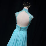 Solvbao Blue Chiffon Lace and Beaded Cap Sleeves Prom Party Dress, A-line Chiffon Formal Dress