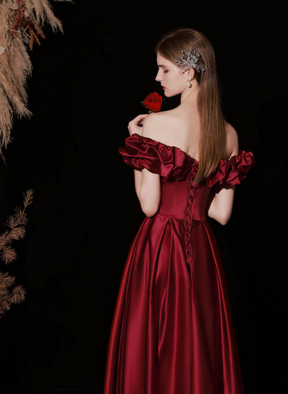 Solvbao A-line Satin Simple Off Shoulder Floor Length Party Dress, Wine Red Long Prom Dress