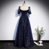 Solvbao Navy Blue Short Sleeves Sweetheart Long Party Dress, A-line Blue Evening Gown