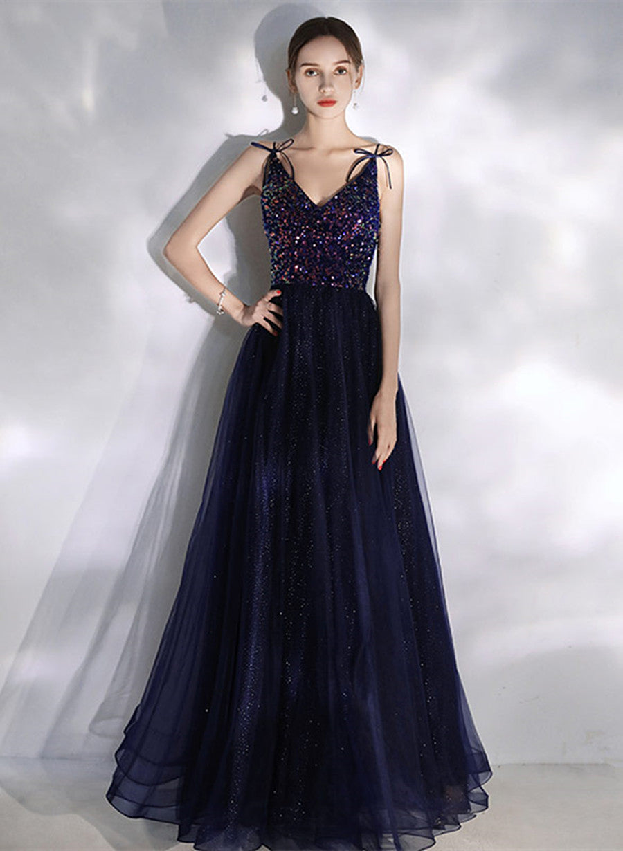 Solvbao Navy Blue V-neckline Sequins and Tulle Party Dress, A-line Blue Prom Dress