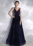 Solvbao Navy Blue V-neckline Sequins and Tulle Party Dress, A-line Blue Prom Dress