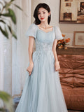 Solvbao Light Blue Short Sleeves Beaded Tulle Long Formal Dress, Blue A-line Prom Dresses