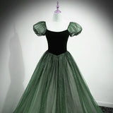 Solvbao Green Shiny Tulle Short Sleevse Long Formal Dress, Green A-line Prom Dress Party Dress