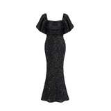 SOLVBAO Cross-Border European and American Elegant Wedding Square Collar Long Sleeve Sequined Banquet Sheath Fishtail Evening Dress Dress Women