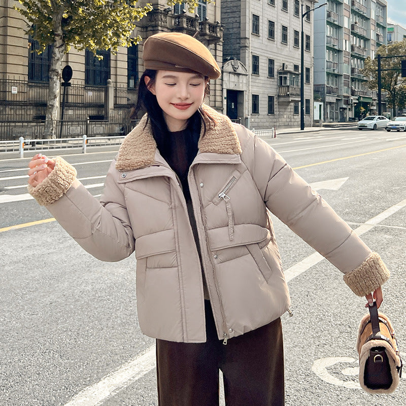 Women's short cotton-padded clothes 2025 winter new Korean version European and American style splicing down cotton-padded clothes women's thickened cotton-padded jacket tide