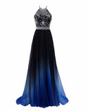 Solvbao New Chiffon Blue Gradient Beaded Party Dress, A-line Long Prom Dress