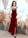 Solvbao Wine Red Velvet Strapes Long Party Dress with Leg Slit, Wine Red Prom Dress