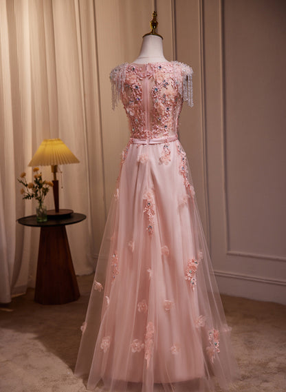 Solvbao Pink V-neckline Tulle with Lace Applique Prom Dress, Pink Tulle Evening Dress