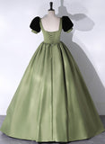 solvbao Green Satin Short Sleeves Long Evening Dress, Green Satin Prom Dress