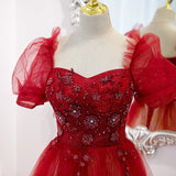 Solvbao Beautiful Gradient Red Tulle Beaded Puffy Sleeves Formal Dress, A-line Tulle Prom Dresses