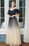 Solvbao Blue and Champagne Gradient Off Shoulder Party Dress, A-line Long Prom Dress