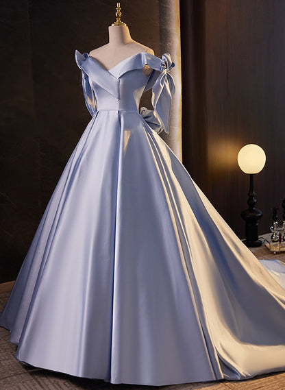 Solvbao Glam Blue Satin Off Shoulder Long Party Dress Formal Dress, Blue Sweet 16 Dress