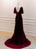 Solvbao Wine Red Velvet Long Wedding Party Dress with Leg Slit, Wine Red Formal Dress