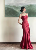 solvbao Burgundy Satin Sweetheart Straps Prom Dress, Burgundy Long Evening Dress