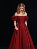 solvbao Wine Red Satin Long Prom Dress, A-line Off Shoulder Formal Dress