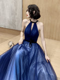 Solvbao Tulle High Neckline A-line Long Prom Dress, Tulle Blue Evening Dress