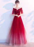 Solvbao Red Gradient Tulle A-line Long Party Dress, Round Neckline Prom Dress Formal Dress