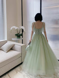 solvbao Beautiful Green Tulle Long Prom Dress with Lace, Green Evening Party Dresses