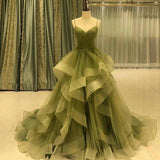 Solvbao Beautiful Green Ruffles Sweep Train Long Prom Dress, Straps Evening Formal Dresses