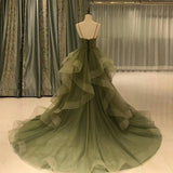 Solvbao Beautiful Green Ruffles Sweep Train Long Prom Dress, Straps Evening Formal Dresses