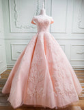 kamahe Gorgeous Pink Off The Shoulder Ball Gown Prom Dresses With Appliques